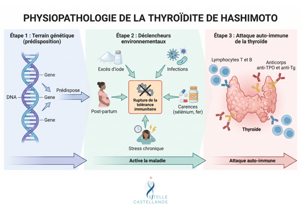 Schéma : un terrain génétique prédisposé sur lequel agissent des déclencheurs (excès d'iode, infection, post-partum, carences, stress) aboutit à une rupture de la tolérance immunitaire, puis à l'attaque de la thyroïde par les lymphocytes et à la production d'anticorps anti-TPO et anti-Tg.